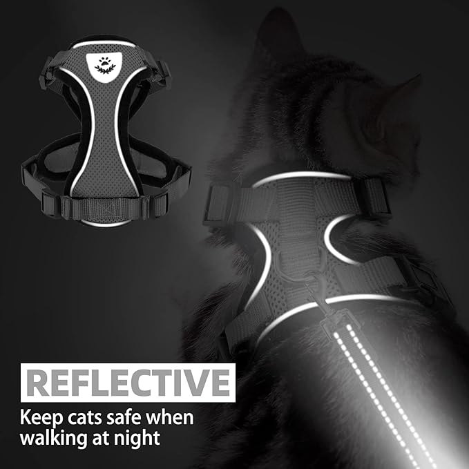 PUPTECK Cat Harness and Leash Set Escape Proof Reflective Cat Walking Harness Adjustable Soft Breathable Mesh Vest for Small Pets, Grey, S