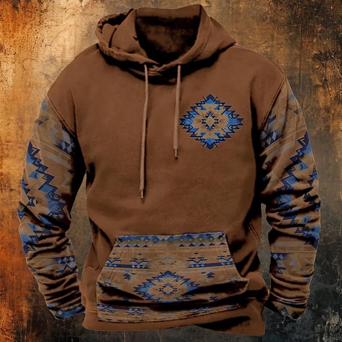 HOTYD Mens Western Aztec Sweatshirts Long Sleeve Fall Fashion Drawstring Pullover Vintage Graphic Cowboy Hoodie for Men
