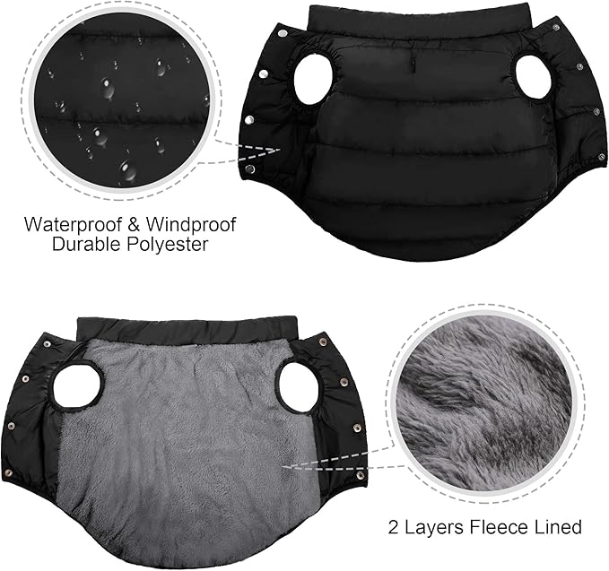 ASENKU Windproof Dog Winter Coat Waterproof Fleece Jacket Cold Weather Pet Apparel for Small Medium Large Dogs (Black, XL)