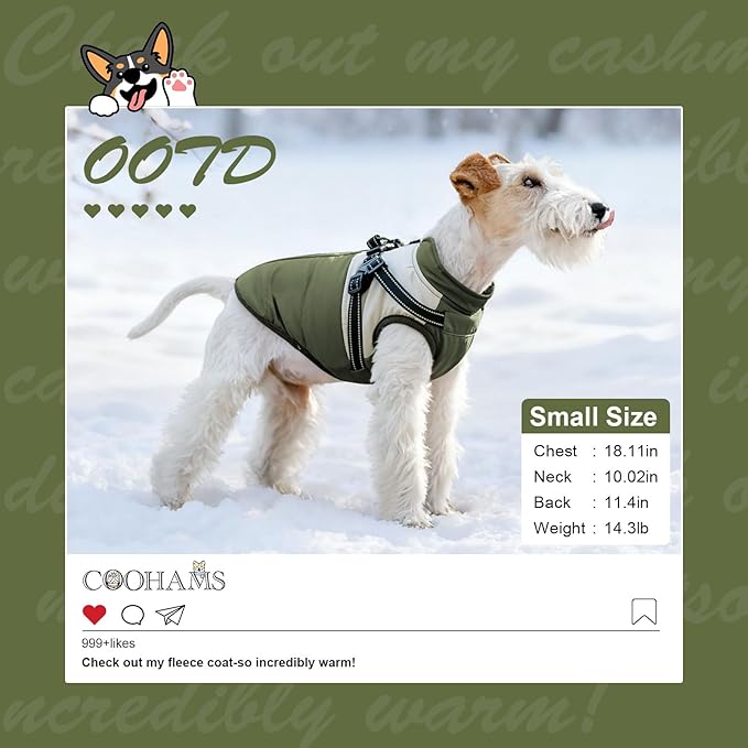 Dog Winter Coat for Small & Medium Dogs (Up to 31lb), Waterproof Dog Coat with Harness, Puppies Windproof Puppy Puffer Jacket, Snowsuit for Dachshund,Frenchie, Corgi (Classic Green, 2XLarge)