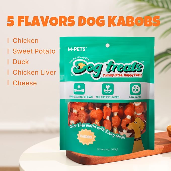 M-PETS Dog Treats, 5 Flavor Dogs Kabob Snacks Long Lasting Chews, Made with Real Chicken and Duck Jerky Meat 18pcs Rawhide Sticks