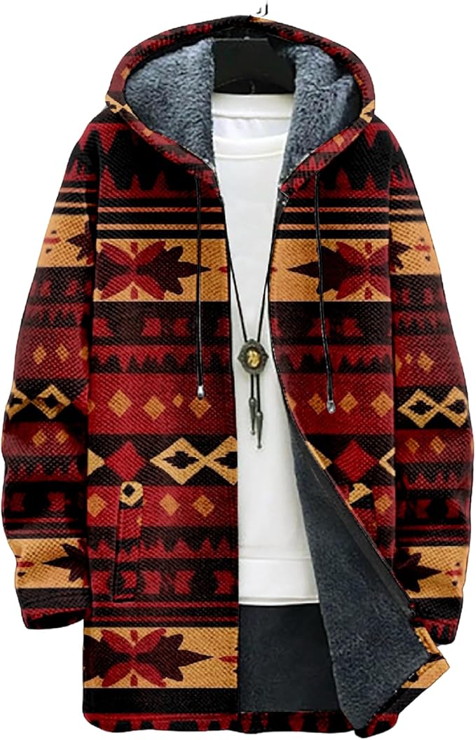 Mens Aztec Print Hoodie Heavyweight Cotton Fleece Jacket Zip Up Warm Long Sleeve Hooded Winter Midi Coat