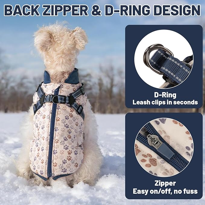Dog Winter Coat for Small & Medium Dogs (Up to 31lb), Waterproof Dog Coat with Harness, Puppies Windproof Puppy Puffer Jacket, Snowsuit for Dachshund,Frenchie, Corgi (Paw Blue, 2XLarge)