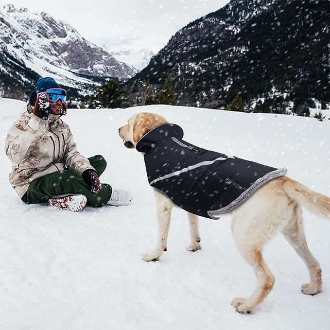 VIVAGLORY Snowrap Dog Coat, Jacket with Harness Hole & Velcro Closure, Dog Coat for Winter & Cold Weather, Fluffy Warm Fleece Lined Reflective Water Resistant for Puppy, XL, Black