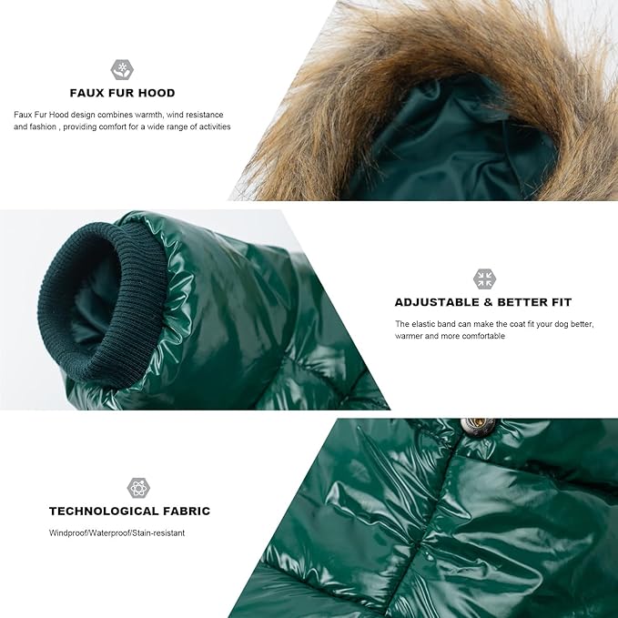 PINA Dog Winter Coat with Faux Fur Hood, Windproof and Warm, Suitable for Small to Large Dogs, Green, M