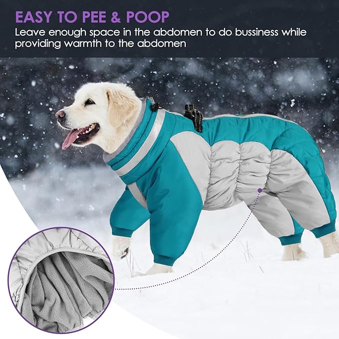 SUNFURA Full Body Dog Coat - Warm Fleece Jacket for Medium Dogs, Turtleneck Winter Coats with Harness, Reflective Dog Snowsuit Windproof Puffer Jackets with Legs for Boston Terrier, Turquoise M