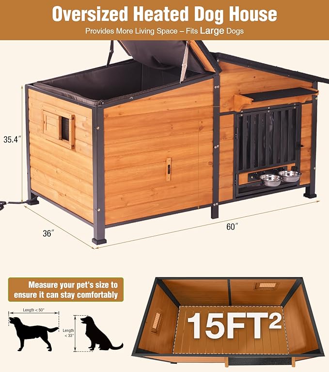 GUTINNEEN Extra Large Heated Dog House Outdoor with Chew-Proof Iron Frame, Waterproof Dog Kennel with Smart Heating Pad, 360° Rotating Feeding Bowl, for Large Dog Breeds