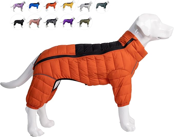 Lovelonglong Warm Jacket - 4 Legs Covered Waterproof Windproof Reflective Vest, Zippered Adjustable Outdoor Snow Jacket for Small Medium Large Dogs, Orange XL