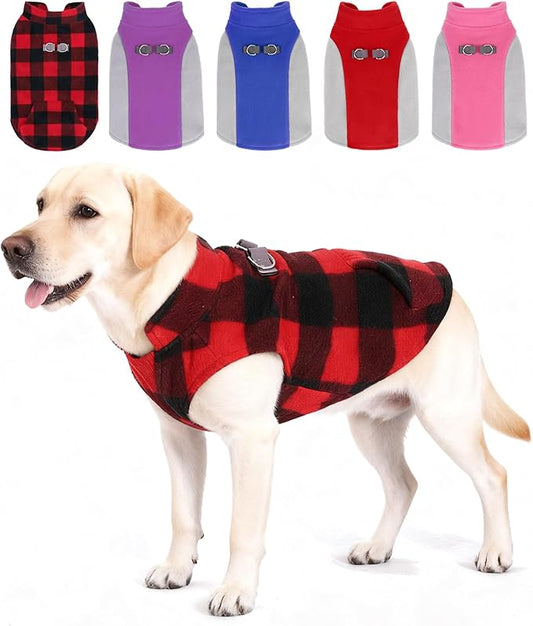 KOOLTAIL Dog Fleece Vest Sweater, Warm Puppy Christmas Jacket with Dual Leash D-Ring and Pocket for Small Medium Large Dogs, Soft Pet Winter Cold Weather Coat Fall Clothes Hoodie Boy Girl,Red Plaid XL