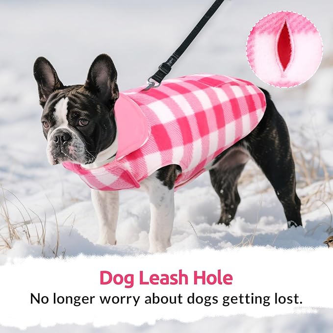 ASENKU Dog Winter Coat, Fleece Doggie Jacket Plaid Reversible Vest Waterproof Windproof Cold Weather Clothes for Small Medium Large Dogs (L, Pink)