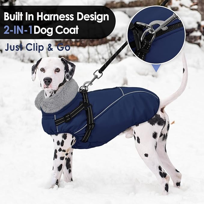 AOFITEE Large Dog Coat, Waterproof Dog Jacket Winter with Harness Built in, Warm Fleece Pet Puffer Jacket with Zipper, Cold Weather Coats for Dogs, Reflective Pet Snowsuit, Great Dane, Blue XXXL