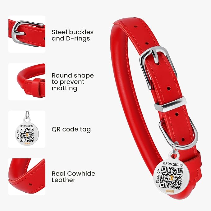 BRONZEDOG Rolled Leather Dog Collar for Small Medium Large Dogs with QR ID Tag (M: 14-16 Inch, Scarlet Red)