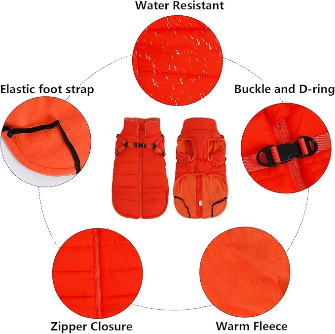Geyecete Winter Warm Coat Waterproof Dog Winter Jacket with Harness Traction Belt,Windproof Pet Outdoor Jacket Dog Autumn-Orange-XXL