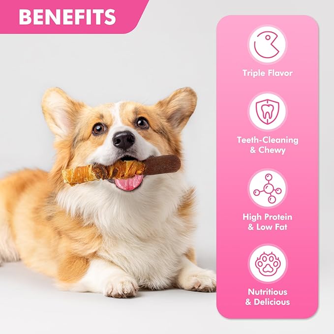 Dog Treats, Triple Flavor 6 Inch Rawhide Rolls, Chicken Duck and Chicken Liver Wrapped Rawhide Dog Chews, Suitable for Medium Dogs, 17.6 oz