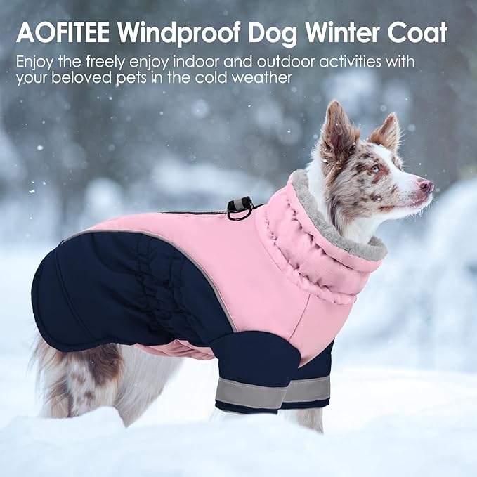 AOFITEE Dog Coat- Two Legged Large Dog Winter Jacket - Zipper Dogs Cold Weather Coat with Harness, Warm Pet Puffer Jackets Reflective Pet Snow Coats for Border Collie, Beagle, PinkNavy XL