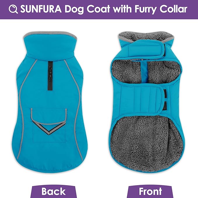 SUNFURA Dog Coat, XXXL Dog Winter Jacket, Reflective Fleece Snow Coat with Furry Collar, Waterproof Pet Puffer Jacket for Great Dane Extra Large Dogs, Turquoise 3XL