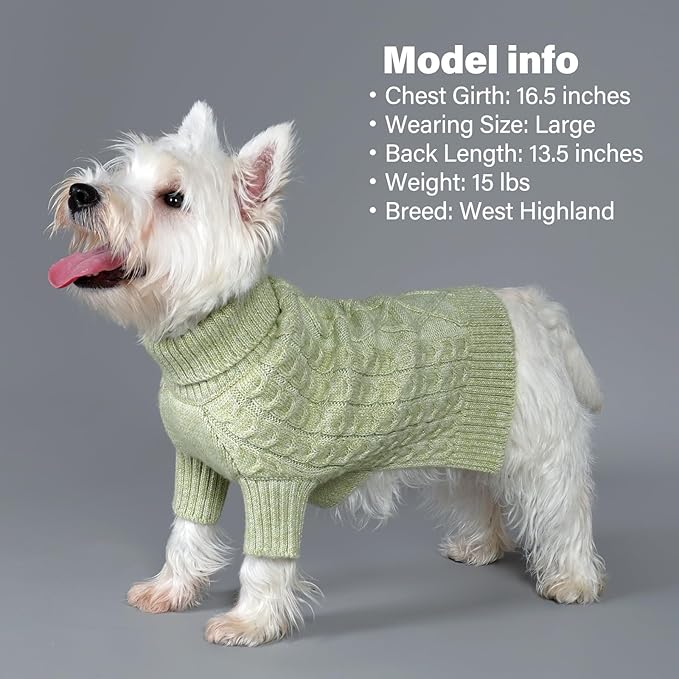 KYEESE Dog Sweater Warm Pet Coats with Long Sleeve, Turtleneck Dog Sweater for Small Medium Dogs with Classic Cable Knit, Stretchy Dogs Clothes for Cold Weather, Green, X-Large