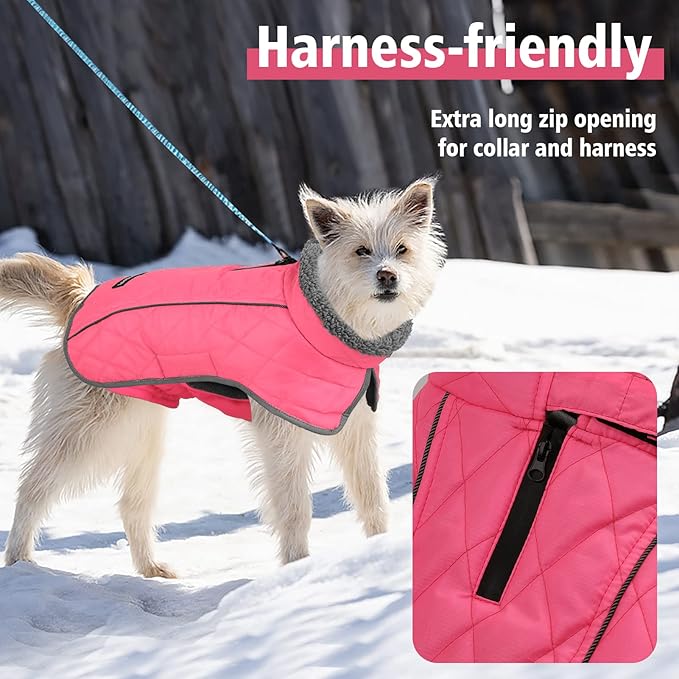 Fragralley Dog Coat Large, Waterproof Dog Jacket with Warm Fleece Lining, Adjustable Reflective Dogs Winter Coat, Turtleneck Pet Coats for Cold Weather (Pink XXXL)