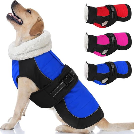 Dogcheer Waterproof Dog Coat, Christmas Dog Winter Jacket, Adjustable Puppy Fleece Coat for Cold Weather, Reflective Turtleneck Snow Jacket for Small Medium Large Dogs - Blue, L