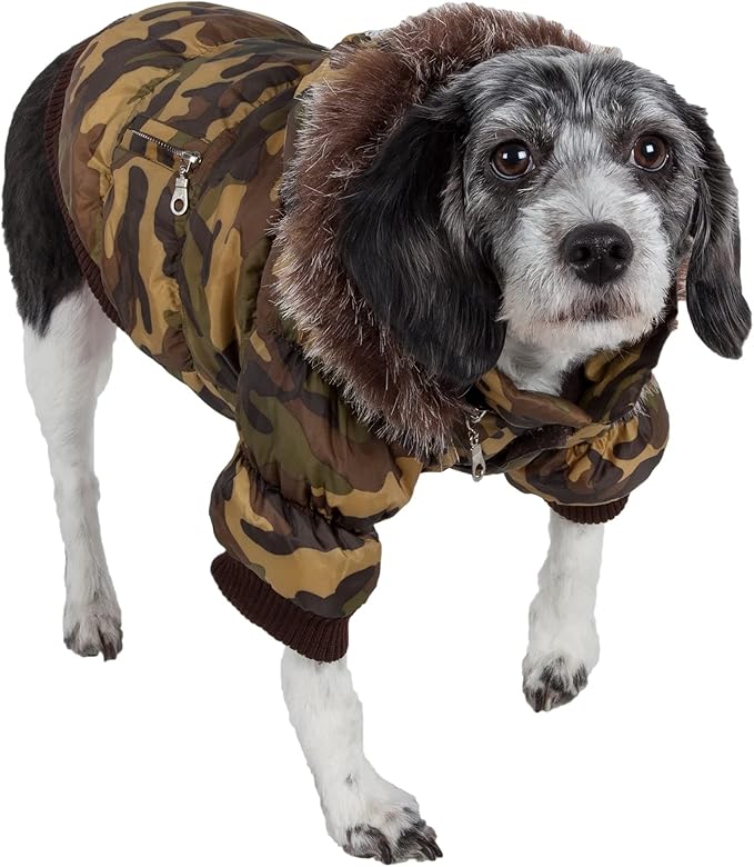 PET LIFE Classic Metallic Fashion Pet Dog Coat Jacket Parka w/ 3M Insulation and Removable Hood, Large, Camouflage