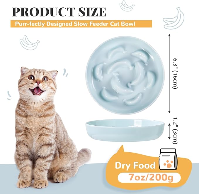 Melamine Slow Feeder Cat Bowls - Set of 3 Cat Food Dishes - Fun Maze Design for Slow Feeding - Dishwasher Safe - White, Blue, Green