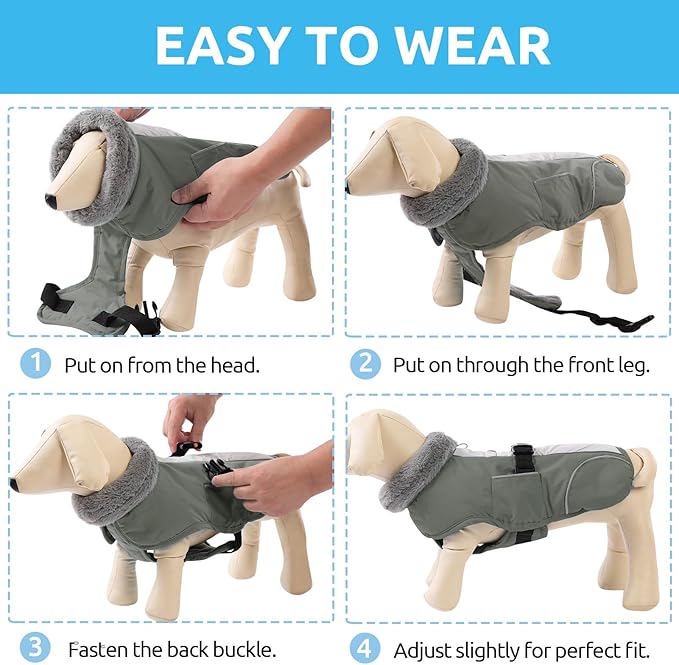 Queenmore Dog Jackets for Large Breeds, Dog Cold Weather Coats Waterproof, Thick Fleece Lining Pet Coats XL Winter, Grey, XL