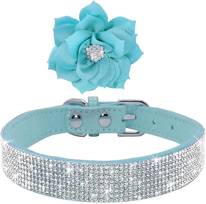 Serijoars Small Dog Collar with Rhinestone Crystal Diamond Colorful Bling Girl Puppy Cat Collars (S, Light Blue6)