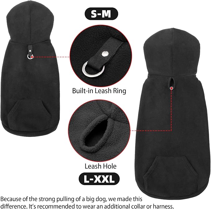 EXPAWLORER Dog Hoodie Fleece Sweater Vest, Hooded Dog Sweatshirt Fall Winter Pet Clothes with Leash Ring, Sleeveless Warm Cozy Puppy Clothing for Cat Small Medium Large Dogs Girl Boy, Black S