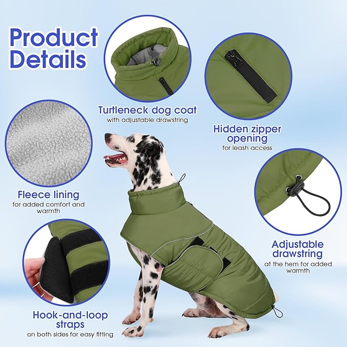 ASENKU Extra Warm Dog Coat - Winter Fleece Jacket with Reflective Adjustable Zippered Leash Hole for Medium Dogs (Green, L)
