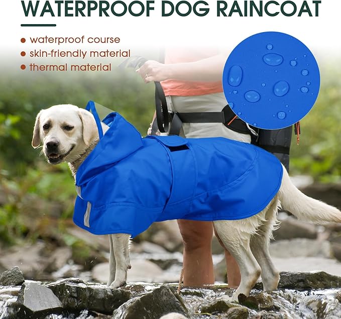 Kuoser Dog Raincoat, Waterproof Dog Rain Jacket with Clear Hooded Double Layer, Lightweight Reflective Dogs Rain Coat with Adjustable Belly Strap, Rain Coats for Large Dogs Outdoor Wear, Blue XL
