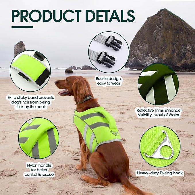 Kuoser Small Dog Life Jacket - High Flotation, Reflective Vest for Swimming Boating, Adjustable Lightweight Preserver with Rescue Handle, Green S