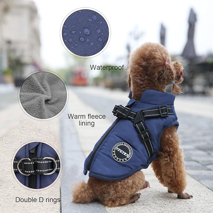 Dog Winter Coat,Warm Jacket Paded Fleece Pet Vest with Built in Harness,Windproof Reflective Cozy Adjustable Snow Pet Coat Clothes with Zipper for Small Medium Dogs