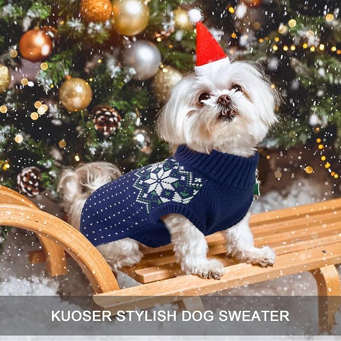 Kuoser Dog Sweater, Holiday Christmas Snowflake Pet Warm Knitwear Dog Sweaters Soft Puppy Clothing, Doggie Turtleneck Cold Weather Outfit Pullover for Small Medium Large Dogs Cats, Blue M