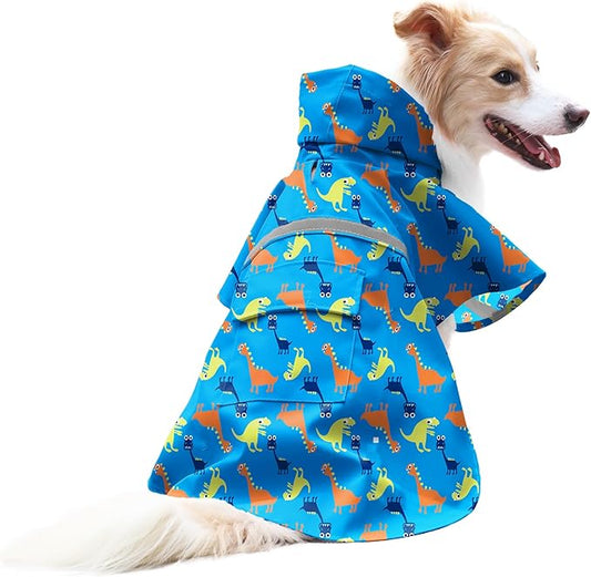 NACOCO Large Dog Raincoat Adjustable - Pet Dinosaurs Water Proof Clothes Lightweight Rain Jacket Poncho Hoodies with Strip Reflective Blue (XXL, Blue Dinosaur)