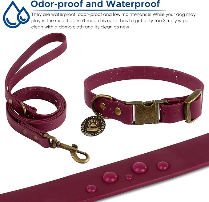 Wisedog Dog Collar and Leash Set, Waterproof Adjustable Puppy Collars with Cute Tag 6FT Dog Leash with Poop Bag for Small Medium Large Dogs (S, Burgundy)