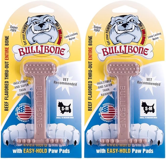 Bullibone Nylon Dog Chew Toy Nylon Bone - Improves Dental Hygiene, Easy to Grip Bottom, and Permeated with Flavor (Beef, Small - 2 Pack)
