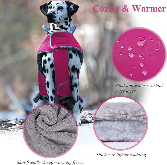 VIVAGLORY Frostfit Dog Coat, Dog Jacket for Winter & Cold Weather, Warm Fluffy Fleece Lined Water Resistant Reflective for Puppy, Coat with Velcro Fastening & Leash Hole, L, Fuchsia