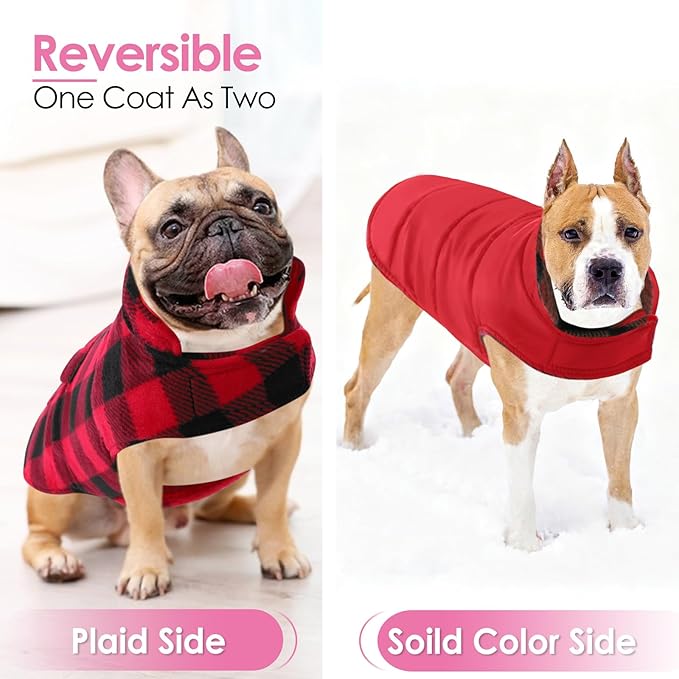 AOFITEE Dog Coat Plaid Dog Winter Coat for Small Dogs, Warm Dogs Jacket Christmas Sweater, Waterproof Pet Puffer Jacket, Reversible Pet Cold Weather Coats for Small Medium Large Pets, Red M