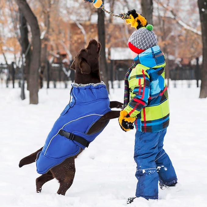 DENTRUN Extra Large Warm Dog Jacket - Windproof Water Repellent Reflective Coat, Adjustable Plush Turtleneck, Easy Wear Fleece Lined Cold Weather Vest for Great Dane, Blue, XXXL