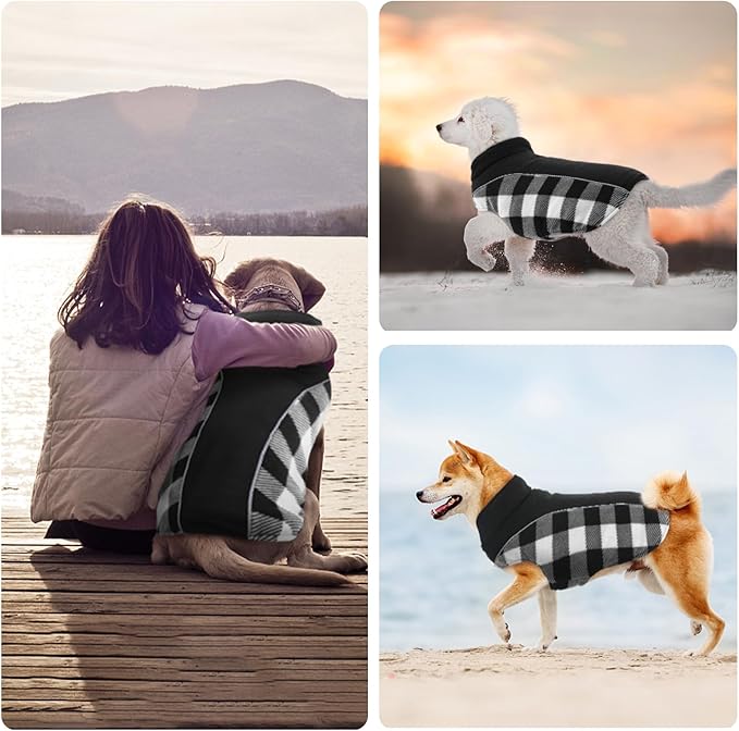 Kuoser Dog Winter Coat, Reversible Waterproof Dog Jacket with Reflective Strip, Warm Dogs Fleece Vest Adjustable Doggy Cold Weather Clothes Plaid Christmas Outfit Pet Apparel for Small Dogs, Black S