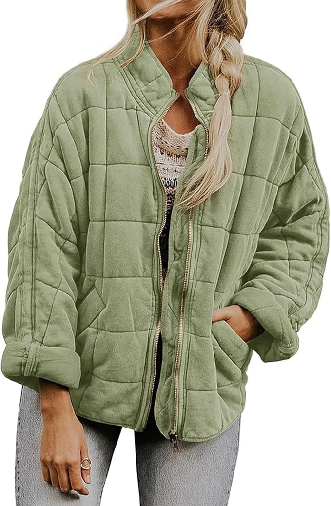 LIZALIG Warm Padded Coat for Women Full Zip Quilted Jackets Winter Oversized Causal Solid Color Stand Collar Pockets Coat