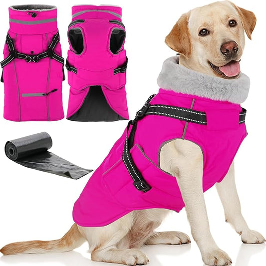 Doglay 2 in 1 Dog Coat with Harness Built-in, Waterproof Dog Winter Jacket with Pocket & Poop Bags, Reflective Adjustable Pet Winter Coat for Small, Medium, Large Dogs