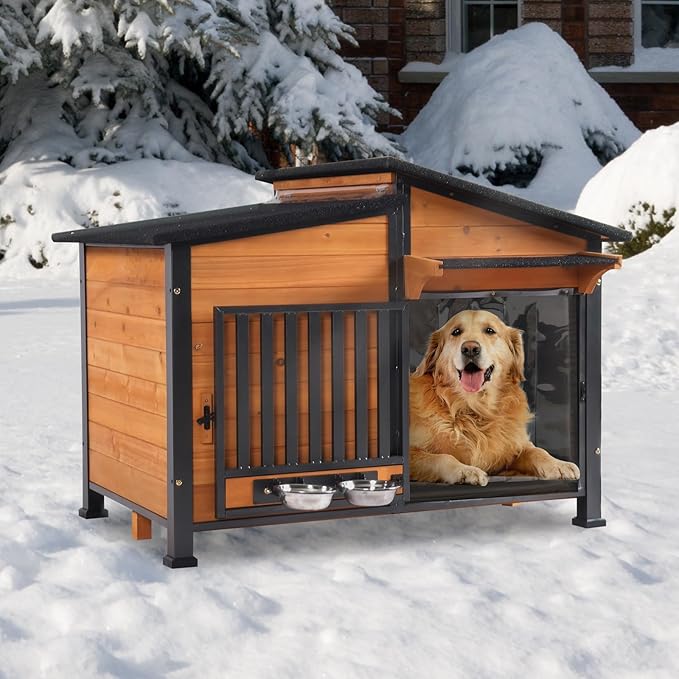 GUTINNEEN Heated Dog House Large Outdoor Insulated Dog Kennel Weatherproof Dog Shelter with Heated Pad, Insulated All-Round Thermal Liner, Chew-Proof Design for Dogs (Brown)