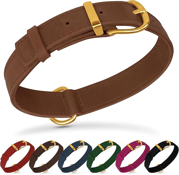 Leather Dog Collar - Heavy Duty Adjustable Soft Padded Pet Collars for Small Medium Large Dogs Breed - Black Green Brown Pink Red Blue (Cognac, XL, 19"-24" Neck Fit)