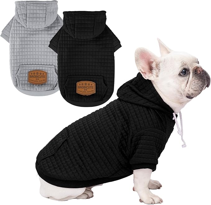 2 Pack Dog Hoodie Sweaters for Small Medium Dogs Warm Dog Clothes for Large Dogs Soft Waffle-Like Laminated Sweatshirt Bulldog (Black+Grey, M/L (Back: 17",Chest: 24.5", Neck: 14.5"))