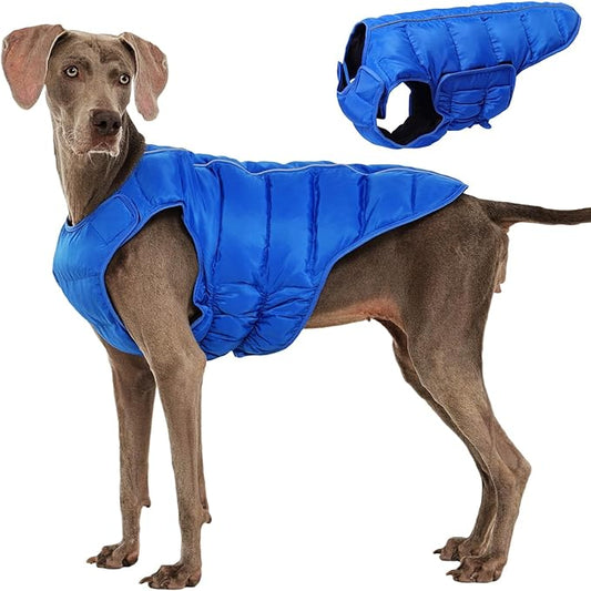 Kuoser Dog Puffer Jacket Warm Dog Coat for Extra Large Dogs, Windproof Reflective Pet Padded Vest Cold Weather Clothes Puppy Snowsuit with Hook & Loop Coats, Easy On/Off, Blue 2XL