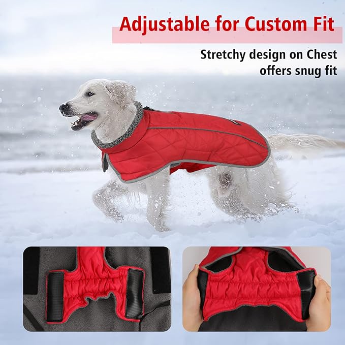 Fragralley Dog Coat Large, Waterproof Dog Jacket with Warm Fleece Lining, Adjustable Reflective Dogs Winter Coat, Turtleneck Pet Coats for Cold Weather (Red XL)
