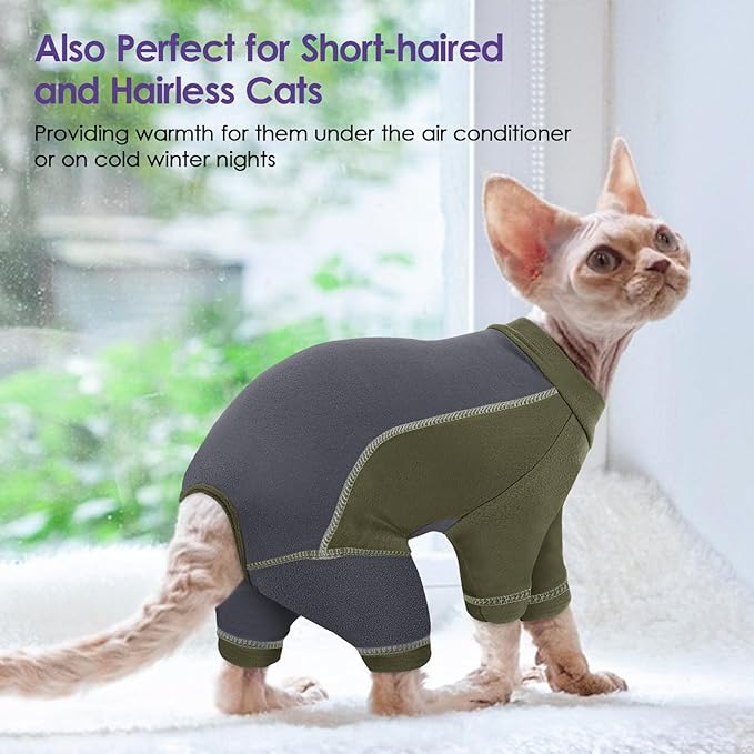 SUNFURA Hair Sticky Cat Clothes, Cat Sweater for Cats Only, 4-Legged Fleece Sweaters Kitten Pajamas Reduce Shedding Fur, Warm Pullover Shirts for Cats, Army Green S