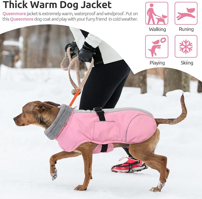 Queenmore Winter Dog Jackets, Thick Dog Coats for Small Pets Winter, Warm Reflective Coat, Thick Waterproof Puppy Coats, Pink, S