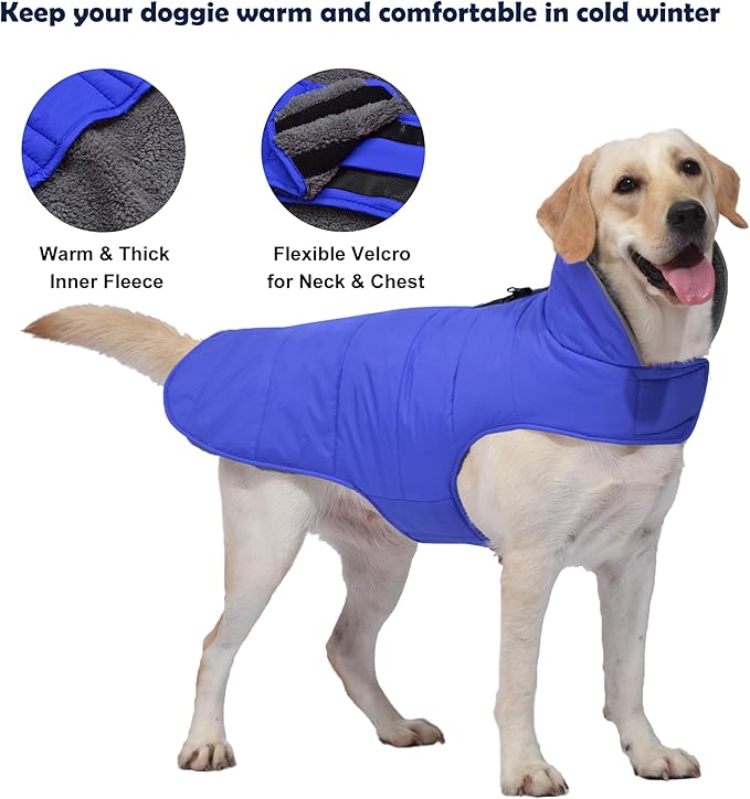 Dog Winter Coat, Waterproof Dog Jacket with Leash Hole, Reflective Adjustable Pet Snow Vest, Warm Fleece Sweater for Small Medium Large Dogs - Blue, M